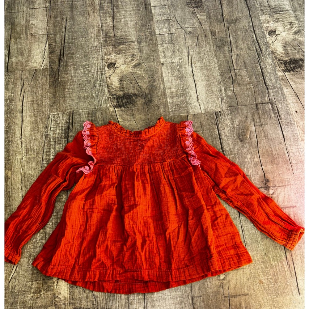 Girls Burnt Orange Smocked Ruffle Top with Pink Eyelet Lace Trim‎ Long Sleeve